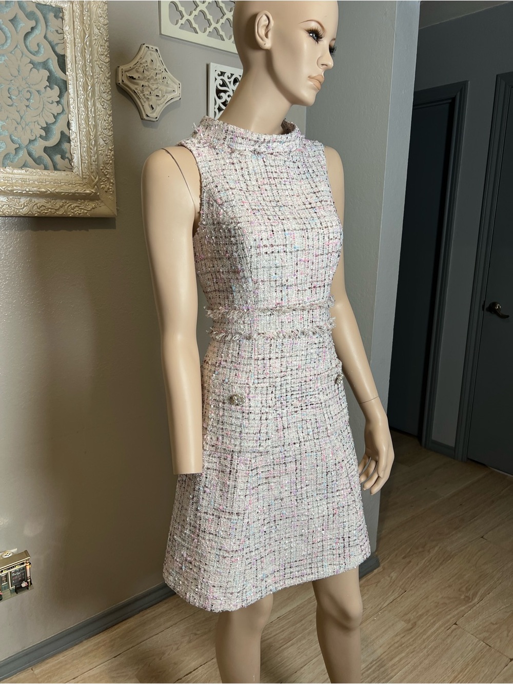 Sleeveless Tweed A-Line Dress in Pastel Pink - Picture 2 of 15